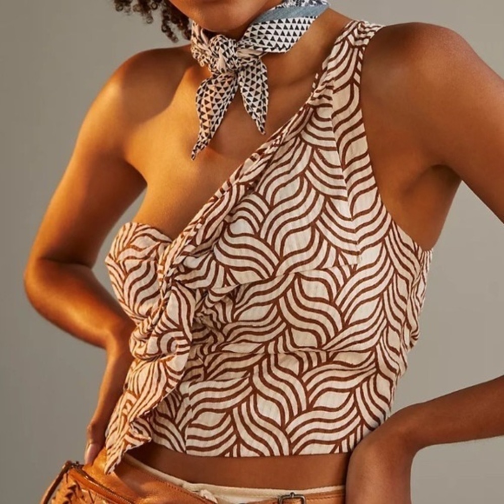 NWT Anthropologie Eva Franco one shoulder blouse Brown Motif Size Medium (8)